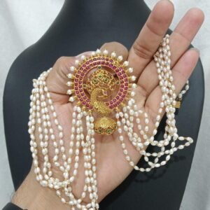 Gold Finish Peacock Pendant with Multi-Strand Pearl Chain