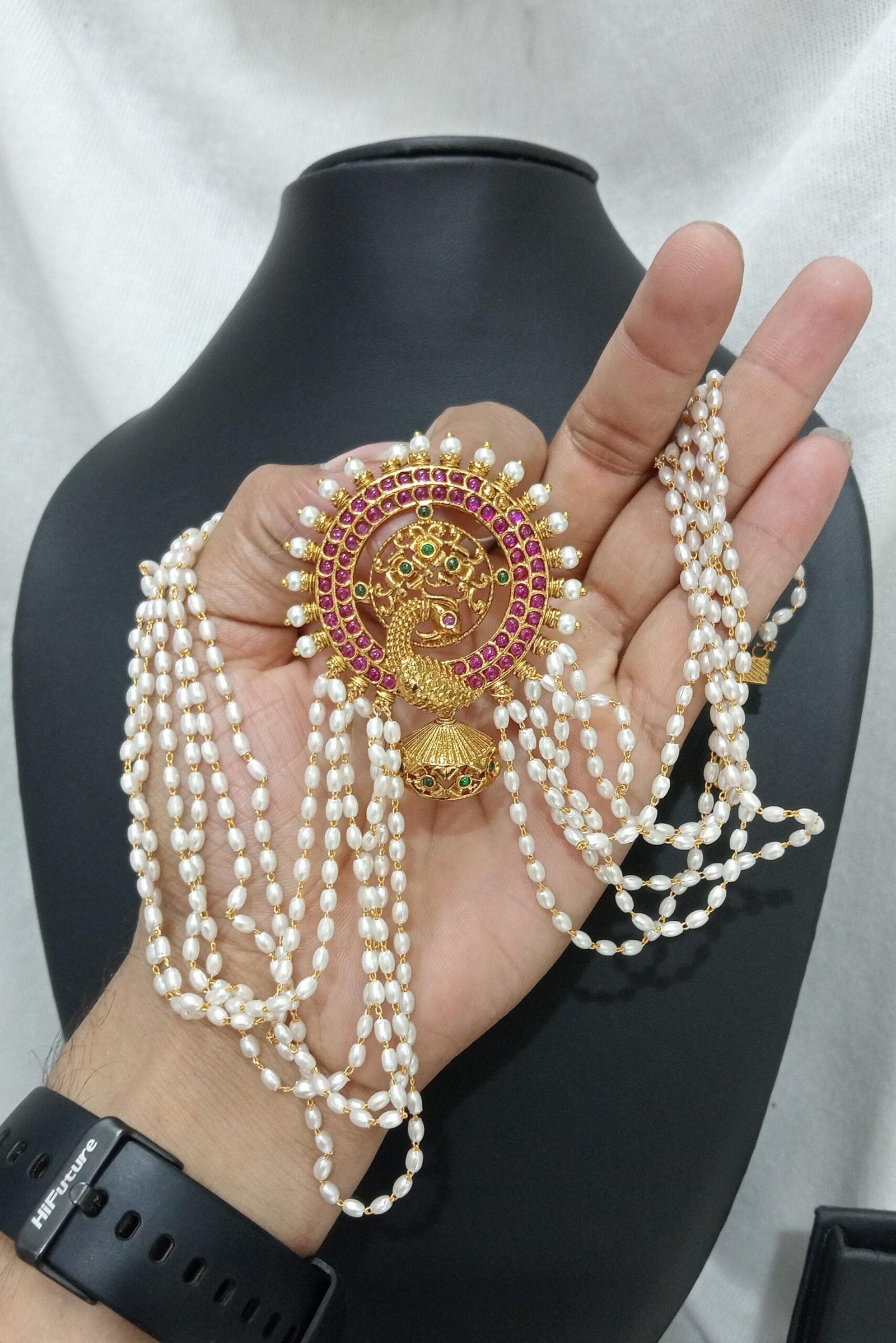 Gold Finish Peacock Pendant with Multi-Strand Pearl Chain